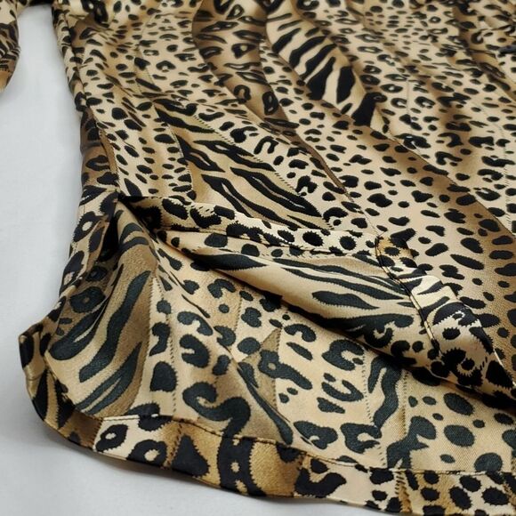 L SATIN LEOPARD Black Brown Long Sleeve button front lounge top blouse LARGE - Picture 14 of 14
